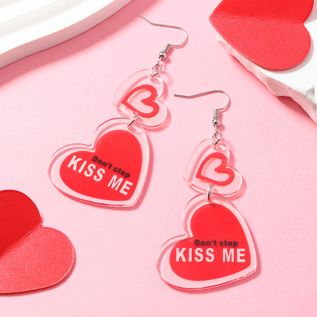 Wholesale Valentine's Day Girls Pink Printed Envelopes with Multiple Color Block Love Acrylic Earrings